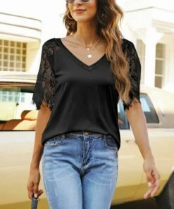 Cheapest 🛒 CELLABIE Black Lace-Sleeve V-Neck Top - 👩 Women For Other ✔️