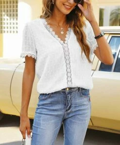 Top 10 💯 CELLABIE White Swiss Dot V-Neck Short-Sleeve Top - 👩 Women 💯