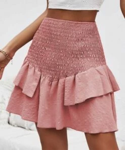 Cheapest 🎁 CELLABIE Pink Smocked Ruffle A-Line 👗 Skirt - 👩 Women ✔️ -CELLABIE shop zu104858686 alt 4 tm1649350254