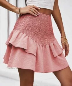 Cheapest 🎁 CELLABIE Pink Smocked Ruffle A-Line 👗 Skirt - 👩 Women ✔️