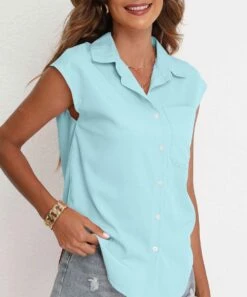 Buy 🎉 CELLABIE Light Blue Pocket Cap-Sleeve Button-Up - 👩 Women 🤩 -CELLABIE shop zu104858690 alt 3 tm1649350254