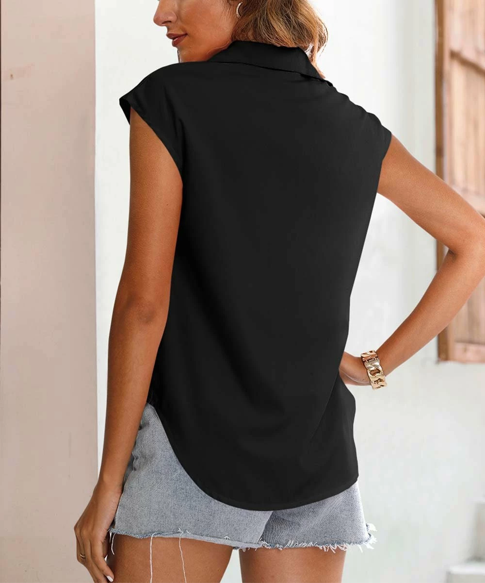 Deals 🎁 CELLABIE Black Pocket Cap-Sleeve Button-Up - 👩 Women ⭐ 4 Deals 🎁 CELLABIE Black Pocket Cap-Sleeve Button-Up - 👩 Women ⭐ - Image 2