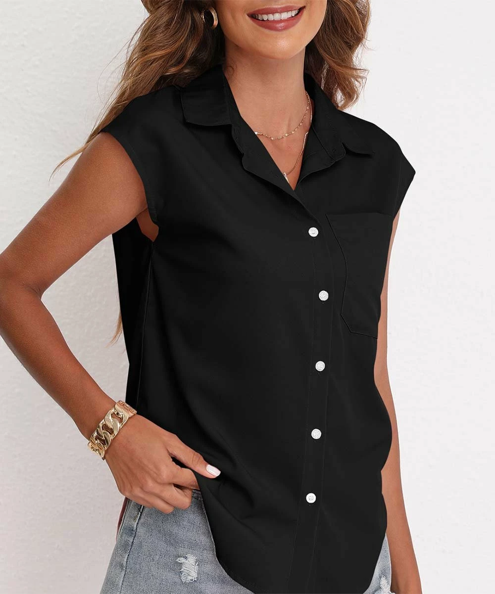 Deals 🎁 CELLABIE Black Pocket Cap-Sleeve Button-Up - 👩 Women ⭐ 6 Deals 🎁 CELLABIE Black Pocket Cap-Sleeve Button-Up - 👩 Women ⭐ - Image 4