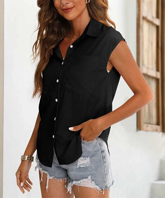 Deals 🎁 CELLABIE Black Pocket Cap-Sleeve Button-Up - 👩 Women ⭐ 3 Deals 🎁 CELLABIE Black Pocket Cap-Sleeve Button-Up - 👩 Women ⭐
