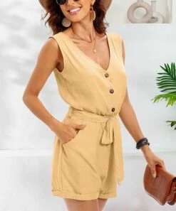 Deals ⭐ CELLABIE Khaki Button-Front Belted Pocket Sleeveless Romper - 👩 Women 🧨
