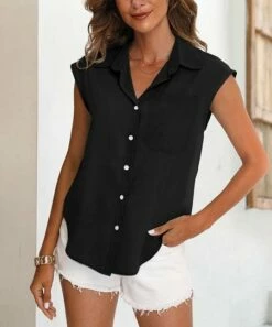 Cheapest 😉 CELLABIE Black Cap-Sleeve Button-Up Top - 👩 Women For Other ⌛