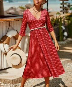 Best reviews of 😍 CELLABIE Red & White Polka Dot Three-Quarter Sleeve Midi 👗 Dress - 👩 Women 🔥
