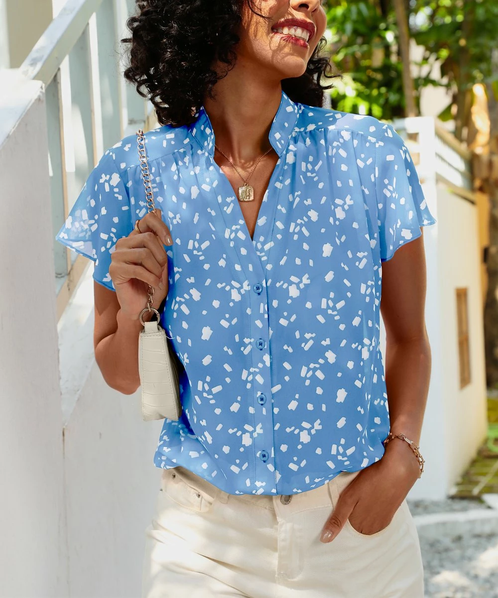 Top 10 ๐ CELLABIE Blue & White Abstract Mandarin-Collar Button-Up Top - ๐ฉ Women ๐ฅฐ 6 Top 10 ๐ CELLABIE Blue & White Abstract Mandarin-Collar Button-Up Top - ๐ฉ Women ๐ฅฐ - Image 4