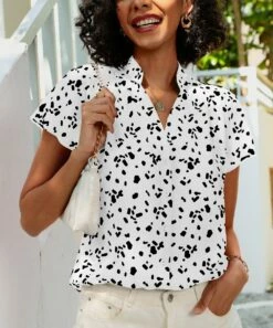 Buy 👏 CELLABIE White & Black Abstract Mandarin-Collar Button-Up Top - 👩 Women 🎁 -CELLABIE shop zu105078244 alt 2 tm1649950527