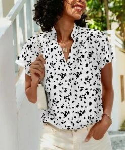 Buy 👏 CELLABIE White & Black Abstract Mandarin-Collar Button-Up Top - 👩 Women 🎁 -CELLABIE shop zu105078244 alt 3 tm1649950527