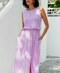 Cheap ⌛ CELLABIE Purple Pocket Side-Slit Sleeveless Blouson 👗 Dress - 👩 Women 🎁 -CELLABIE shop zu105237219 alt 4 tm1650460467