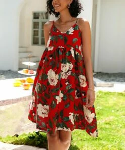 Top 10 ❤️ CELLABIE Red & Pink Floral Sleeveless V-Neck Empire-Waist 👗 Dress - 👩 Women 🔥 -CELLABIE shop zu105237417 alt 2 tm1650460467