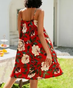 Top 10 ❤️ CELLABIE Red & Pink Floral Sleeveless V-Neck Empire-Waist 👗 Dress - 👩 Women 🔥 -CELLABIE shop zu105237417 alt 3 tm1650460467