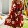 Top 10 ❤️ CELLABIE Red & Pink Floral Sleeveless V-Neck Empire-Waist 👗 Dress - 👩 Women 🔥