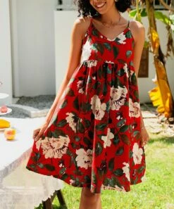 Top 10 ❤️ CELLABIE Red & Pink Floral Sleeveless V-Neck Empire-Waist 👗 Dress - 👩 Women 🔥