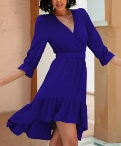 Best Pirce ⭐ CELLABIE Blue Poet-Sleeve Belted Surplice Hi-Low 👗 Dress - 👩 Women 🤩 -CELLABIE shop zu105308379 alt 4 tm1650546993
