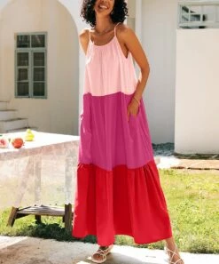 Discount 🔥 CELLABIE Pink & Red Color Block Sleeveless Maxi 👗 Dress - 👩 Women 💯 -CELLABIE shop zu105308446 alt 3 tm1650546993