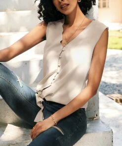 New 💯 CELLABIE Apricot Knot-Front Button-Up Sleeveless Top - 👩 Women For Other 😀 -CELLABIE shop zu105308519 alt 2 tm1650547126
