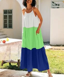 Cheapest 🧨 CELLABIE Blue & Green Color Block Sleeveless Maxi 👗 Dress - 👩 Women 😀