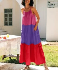 Hot Sale 🤩 CELLABIE Red & Purple Color Block Sleeveless Maxi 👗 Dress - 👩 Women 😀 -CELLABIE shop zu105315666 alt 3 tm1650547335