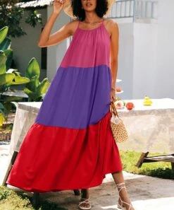 Hot Sale 🤩 CELLABIE Red & Purple Color Block Sleeveless Maxi 👗 Dress - 👩 Women 😀 -CELLABIE shop zu105315666 alt 4 tm1650547335