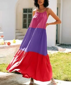 Hot Sale 🤩 CELLABIE Red & Purple Color Block Sleeveless Maxi 👗 Dress - 👩 Women 😀