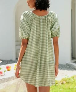 Best deal ⌛ CELLABIE Light Green Gingham Button-Front Puff-Sleeve Shift 👗 Dress - 👩 Women 💯 -CELLABIE shop zu105315673 alt 2 tm1650547335