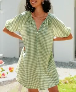 Best deal ⌛ CELLABIE Light Green Gingham Button-Front Puff-Sleeve Shift 👗 Dress - 👩 Women 💯 -CELLABIE shop zu105315673 alt 3 tm1650547335