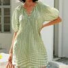 Best deal ⌛ CELLABIE Light Green Gingham Button-Front Puff-Sleeve Shift 👗 Dress - 👩 Women 💯 -CELLABIE shop zu105315673 main tm1650547335