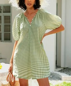 CELLABIE shop 17 Best deal ⌛ CELLABIE Light Green Gingham Button-Front Puff-Sleeve Shift 👗 Dress - 👩 Women 💯