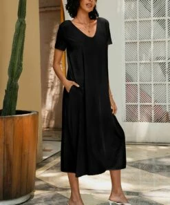 Cheap 🔥 CELLABIE Black Short-Sleeve V-Neck Midi 👗 Dress - 👩 Women 🔔 -CELLABIE shop zu105388801 alt 2 tm1651082315