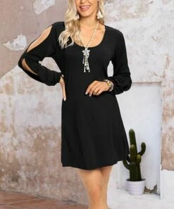 Buy 👏 CELLABIE Black Cutout Long-Sleeve Scoop Neck 👗 Dress - 👩 Women ✨