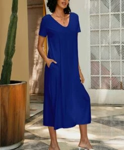 New 👍 CELLABIE Blue Pocket V-Neck Midi 👗 Dress - 👩 Women 👏 -CELLABIE shop zu105388956 alt 2 tm1651082438