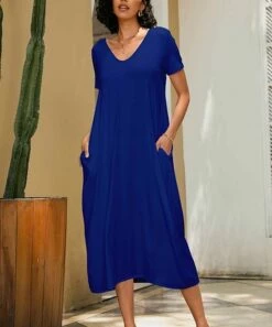 New 👍 CELLABIE Blue Pocket V-Neck Midi 👗 Dress - 👩 Women 👏