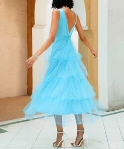 Promo 🔥 CELLABIE Blue Tulle Ruffle Midi 👗 Dress - 👩 Women 👍 -CELLABIE shop zu105388993 alt 2 tm1651082438