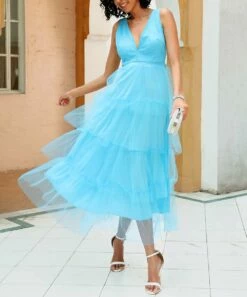 Promo 🔥 CELLABIE Blue Tulle Ruffle Midi 👗 Dress - 👩 Women 👍 -CELLABIE shop zu105388993 alt 3 tm1651082438