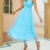 Promo 🔥 CELLABIE Blue Tulle Ruffle Midi 👗 Dress - 👩 Women 👍