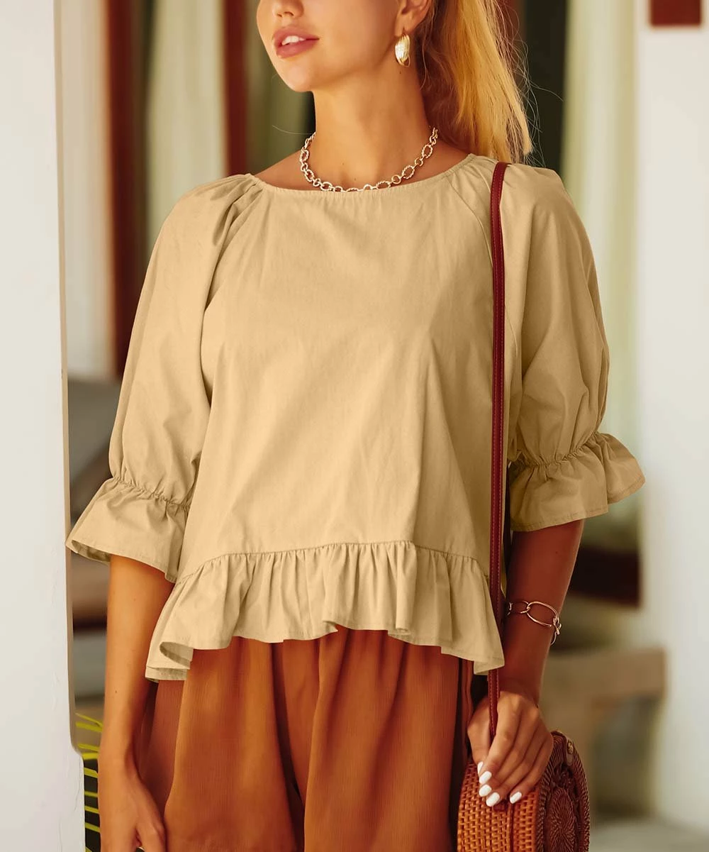 Best deal 😍 CELLABIE Khaki Ruffle Sidetail Top - 👩 Women For Other 😉 3 Best deal 😍 CELLABIE Khaki Ruffle Sidetail Top - 👩 Women For Other 😉 - Image 2
