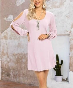 Best Pirce 😍 CELLABIE Pink Cutout Long-Sleeve Scoop Neck 👗 Dress - 👩 Women ❤️ -CELLABIE shop zu105397134 alt 3 tm1651082517