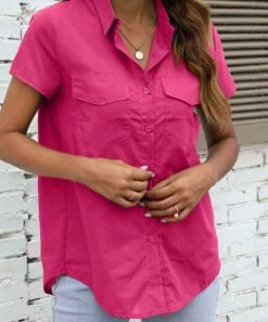 Deals 💯 CELLABIE Rose Red Short-Sleeve Button-Up - 👩 Women 🌟 -CELLABIE shop zu105442340 alt 2 tm1651165846
