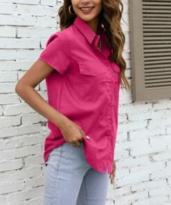 Deals 💯 CELLABIE Rose Red Short-Sleeve Button-Up - 👩 Women 🌟 -CELLABIE shop zu105442340 alt 3 tm1651165846
