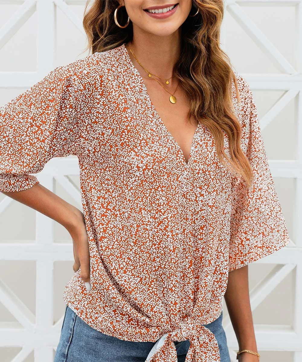 Best deal 🔔 CELLABIE Orange Speckled Tie-Front Half-Sleeve V-Neck Top - 👩 Women 😍 4 Best deal 🔔 CELLABIE Orange Speckled Tie-Front Half-Sleeve V-Neck Top - 👩 Women 😍 - Image 2