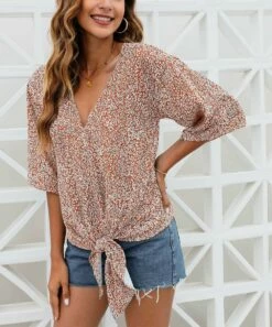 Best deal 🔔 CELLABIE Orange Speckled Tie-Front Half-Sleeve V-Neck Top - 👩 Women 😍 8 Best deal 🔔 CELLABIE Orange Speckled Tie-Front Half-Sleeve V-Neck Top - 👩 Women 😍 -CELLABIE shop zu105590445 alt 2 tm1651864109