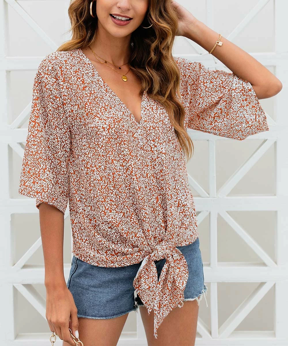 Best deal 🔔 CELLABIE Orange Speckled Tie-Front Half-Sleeve V-Neck Top - 👩 Women 😍 6 Best deal 🔔 CELLABIE Orange Speckled Tie-Front Half-Sleeve V-Neck Top - 👩 Women 😍 - Image 4