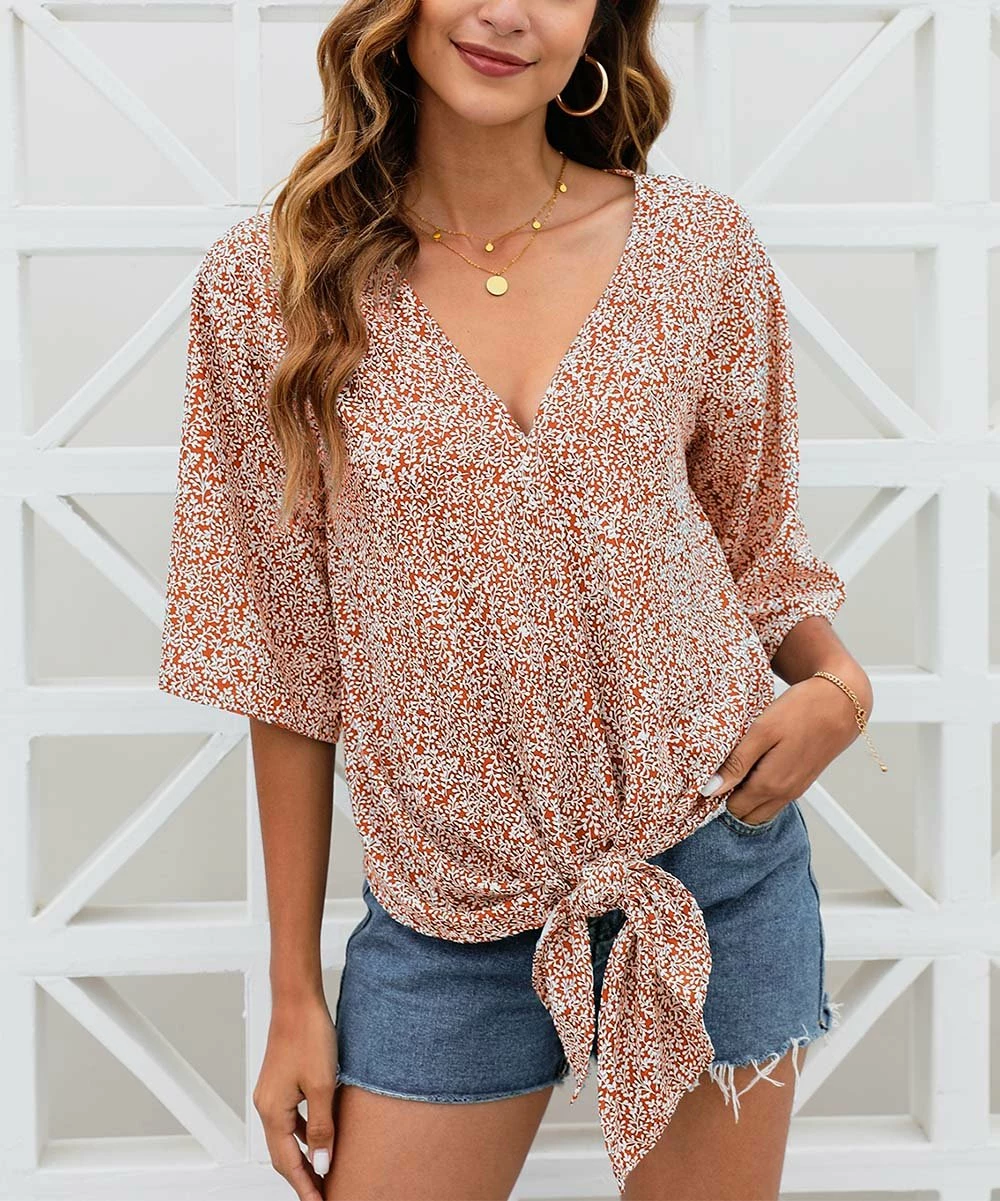 Best deal 🔔 CELLABIE Orange Speckled Tie-Front Half-Sleeve V-Neck Top - 👩 Women 😍 3 Best deal 🔔 CELLABIE Orange Speckled Tie-Front Half-Sleeve V-Neck Top - 👩 Women 😍