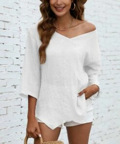 Flash Sale 🔔 CELLABIE White Handkerchief-Hem V-Neck Three-Quarter Sleeve Top - 👩 Women 👏 -CELLABIE shop zu105590625 alt 2 tm1651864337