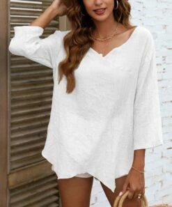 Flash Sale 🔔 CELLABIE White Handkerchief-Hem V-Neck Three-Quarter Sleeve Top - 👩 Women 👏