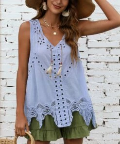 Coupon ✔️ CELLABIE Blue Eyelet-Lace Scoop Neck Tank - 👩 Women 🌟 -CELLABIE shop zu105590793 alt 2 tm1651864756