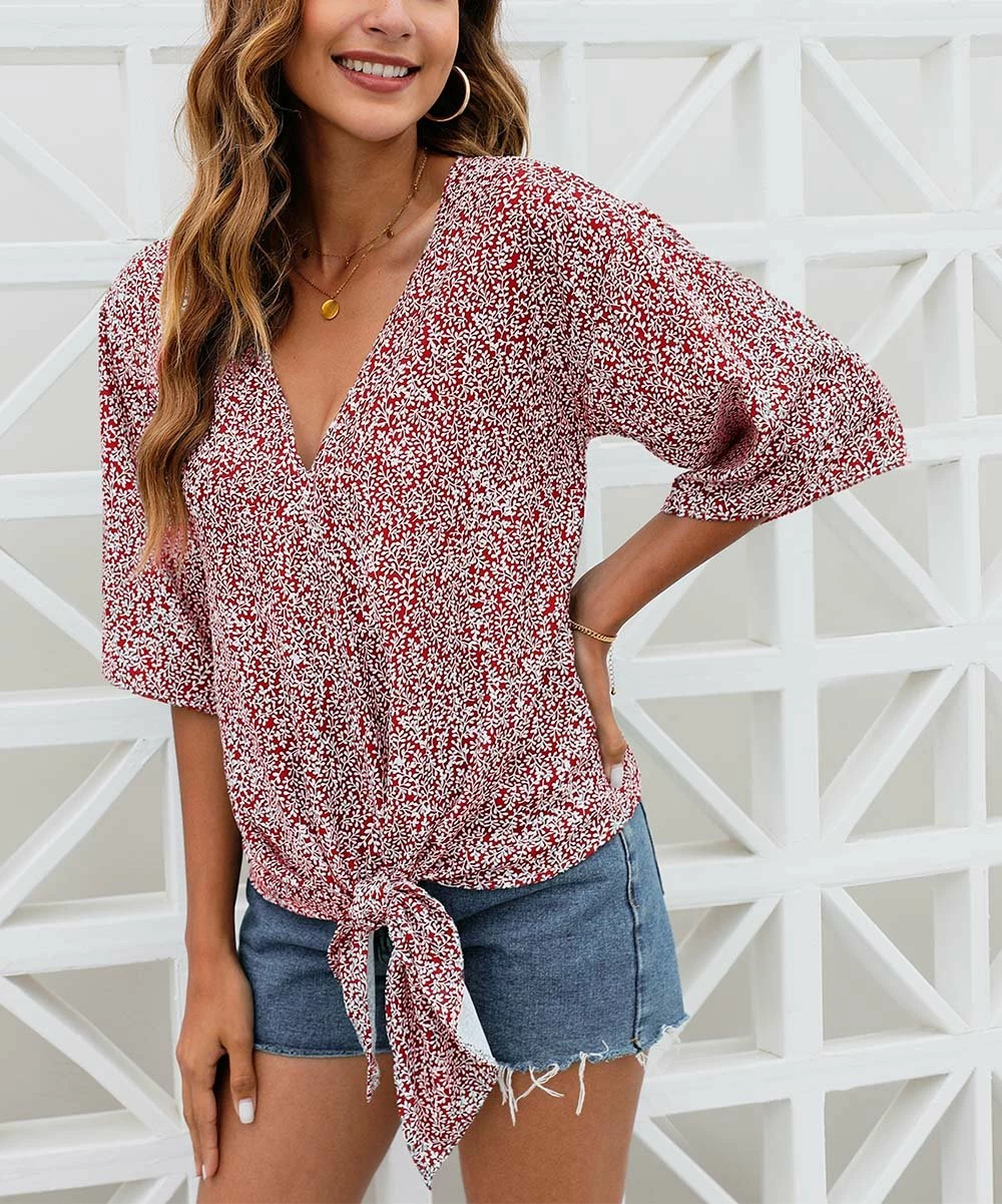 Discount ๐ CELLABIE Red Speckled Tie-Front Half-Sleeve V-Neck Top - ๐ฉ Women ๐ 4 Discount ๐ CELLABIE Red Speckled Tie-Front Half-Sleeve V-Neck Top - ๐ฉ Women ๐ - Image 2
