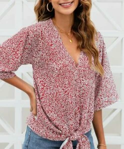 Discount ๐ CELLABIE Red Speckled Tie-Front Half-Sleeve V-Neck Top - ๐ฉ Women ๐ 8 Discount ๐ CELLABIE Red Speckled Tie-Front Half-Sleeve V-Neck Top - ๐ฉ Women ๐ -CELLABIE shop zu105599547 alt 2 tm1651863008